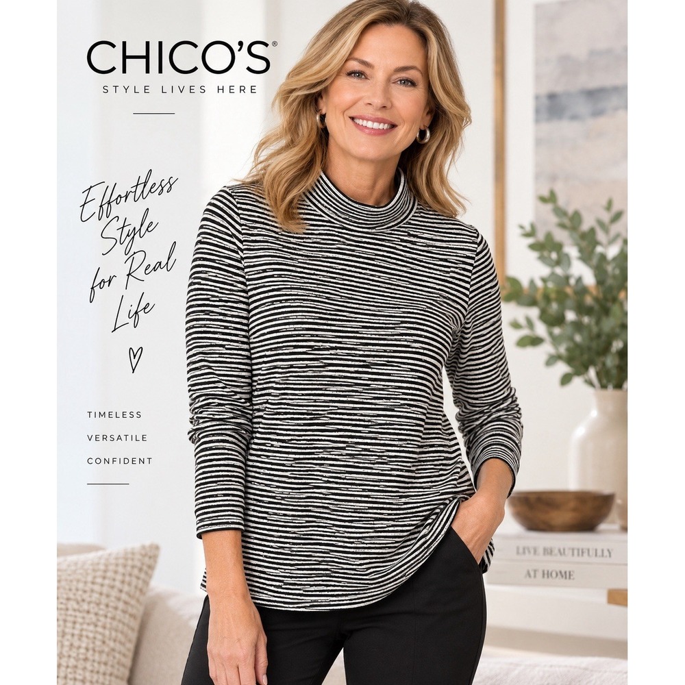 Chicos Zenergy Top Womens 2 12/14 NWT Black White Stripe Mock Neck Tunic